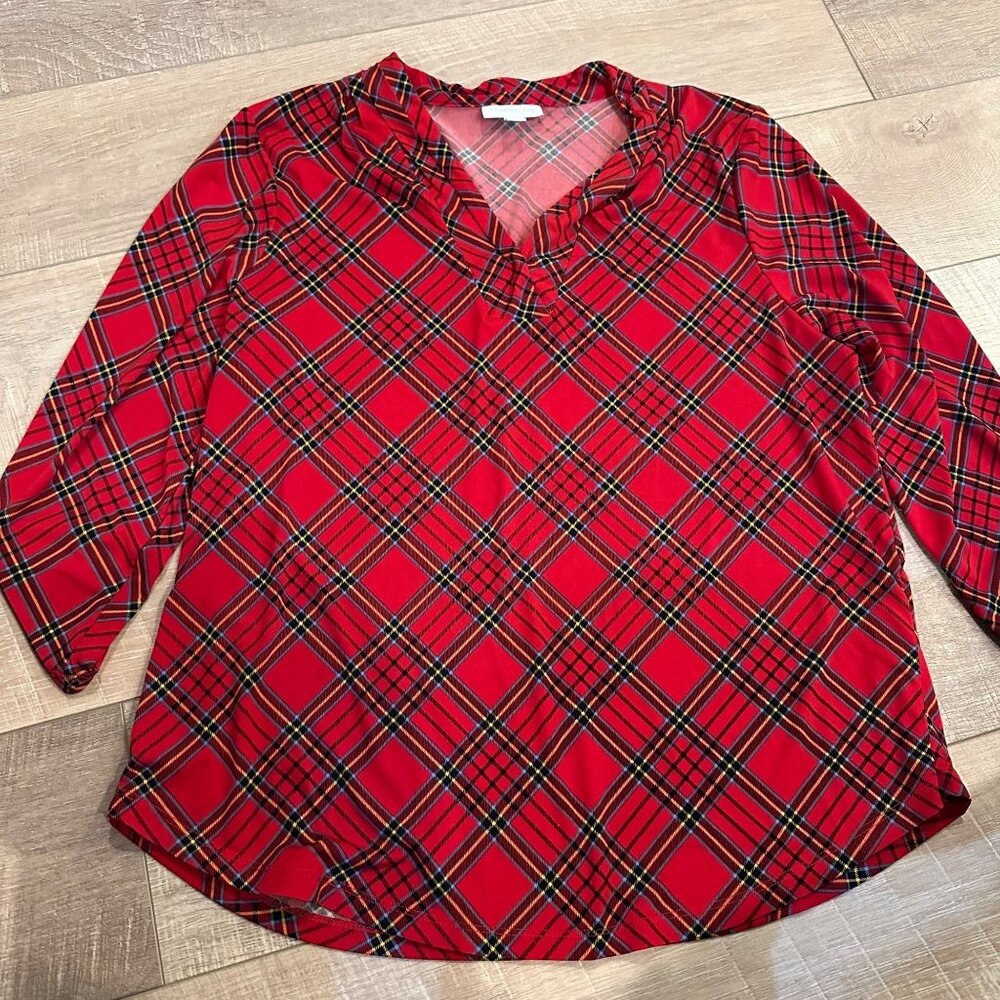 CHARTER CLUB WOMENS XL PETITE RED PLAID BLOUSE
